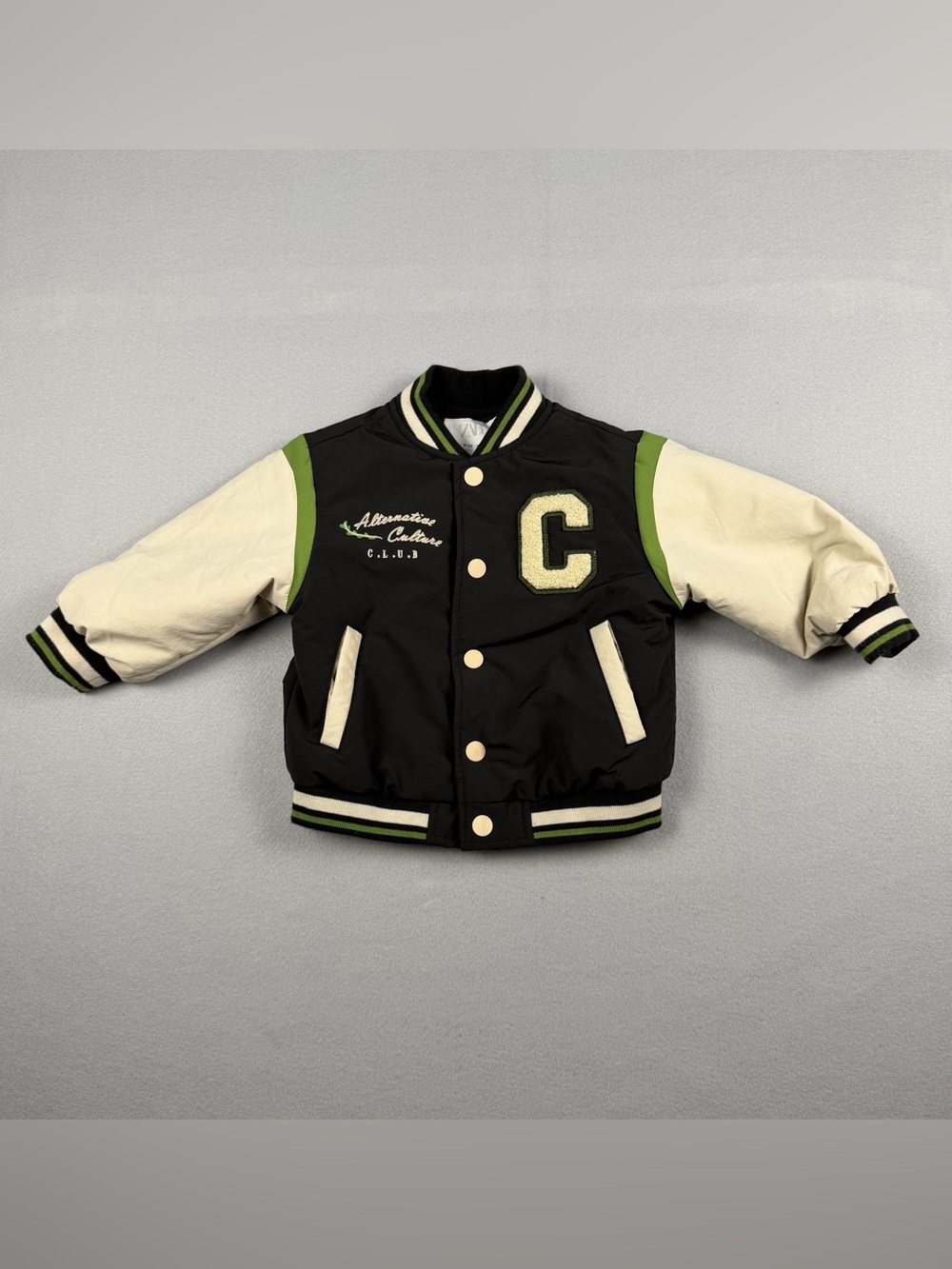 Zara Black, Cream & Green Varsity Puffer Jacket 9-12m